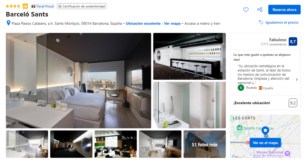 Detalles de hoteles en Booking