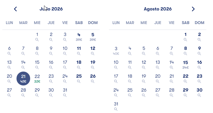 Calendario de búsqueda de Omio con precios